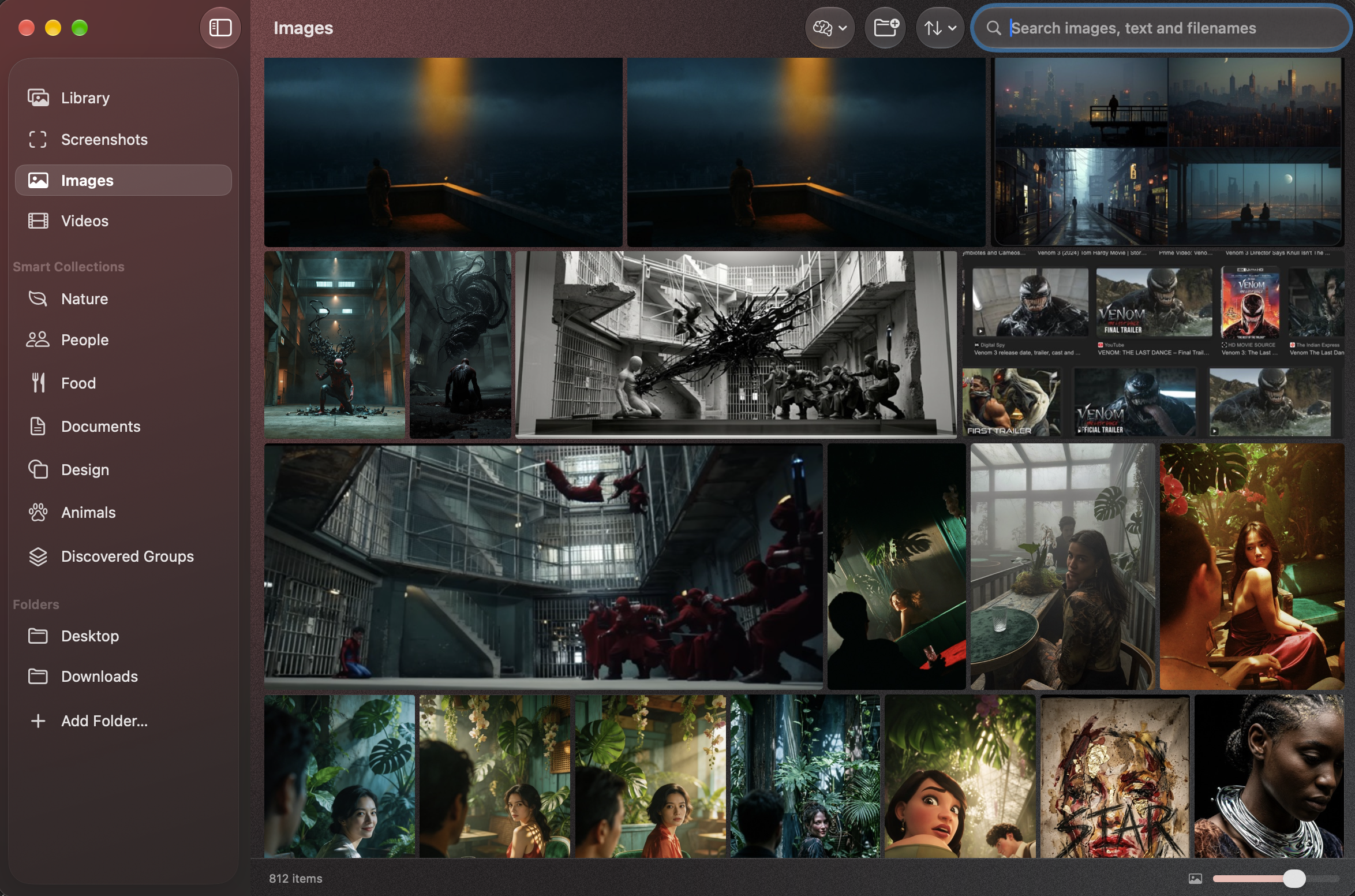 Still macOS image library showing Smart Collections, watched folders, and a grid of cinematic images and visual inspiration